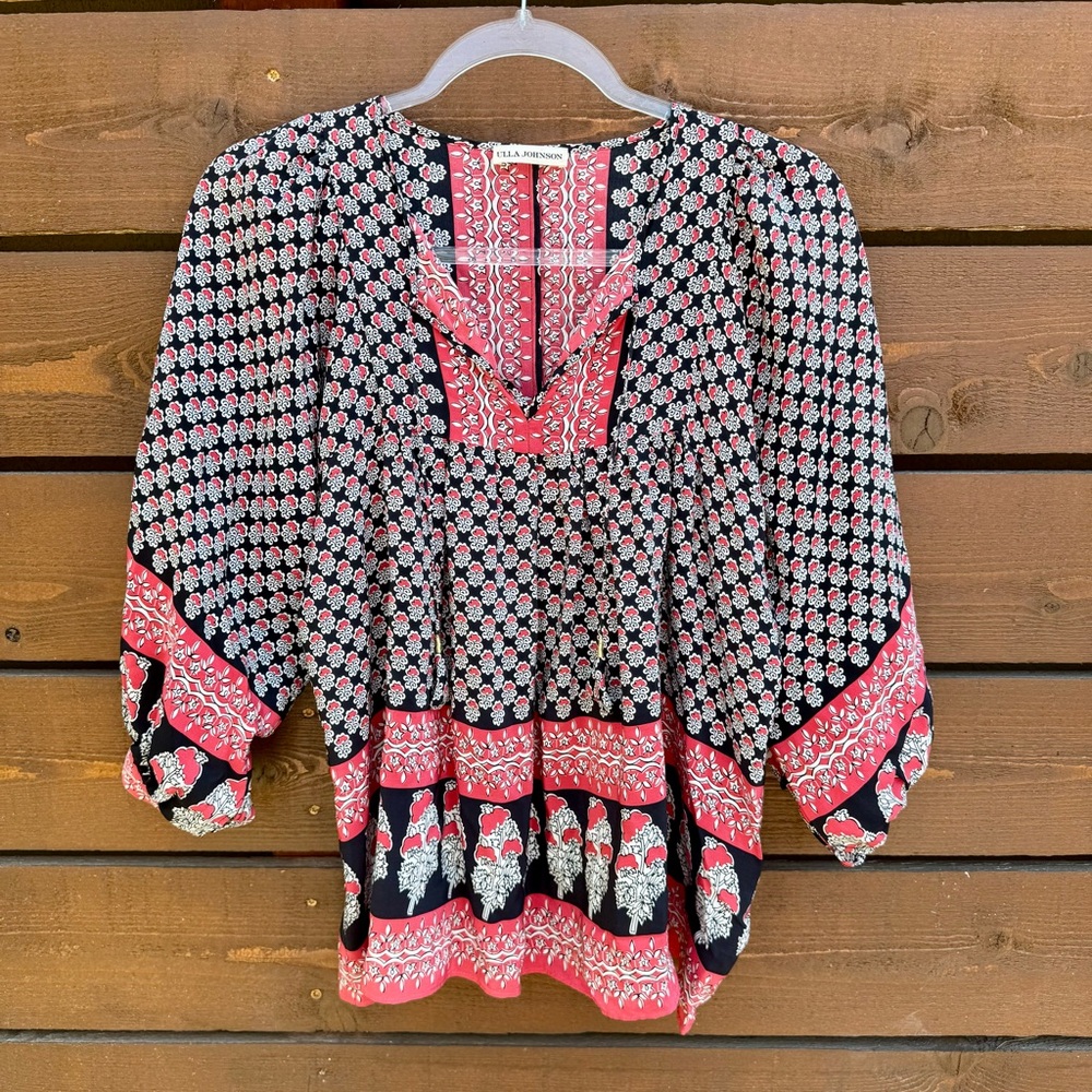 Ulla Johnson Bea Indian Boho Floral Silk 3/4 Puff Sleeve Blouse Sz 2
